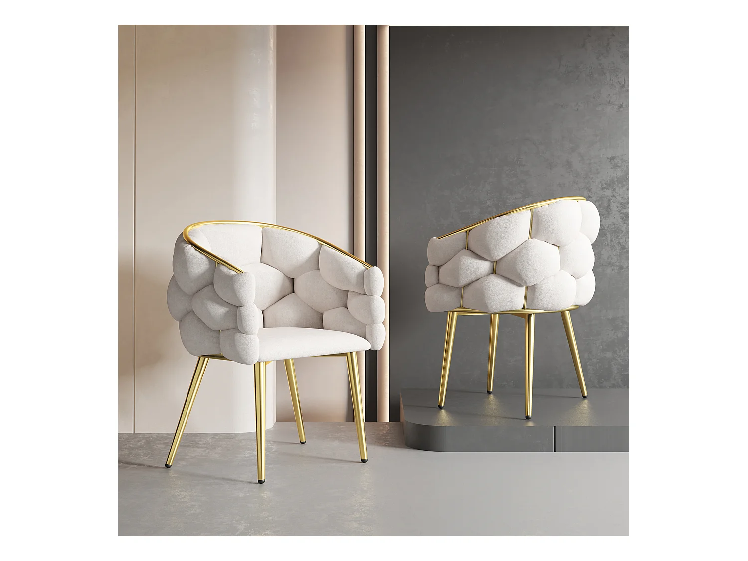 Sillas de terciopelo de lujo de 1 plaza, sillas de sala, sillas de comedor, patas de hierro dorado, beige, sillas burbuja