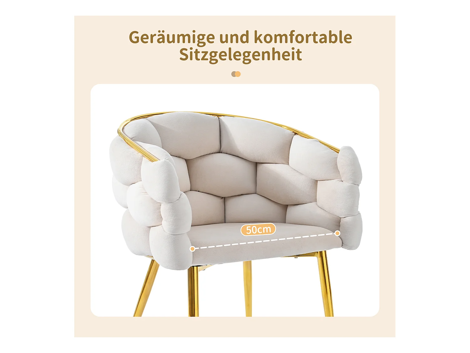 Sillas de terciopelo de lujo de 1 plaza, sillas de sala, sillas de comedor, patas de hierro dorado, beige, sillas burbuja