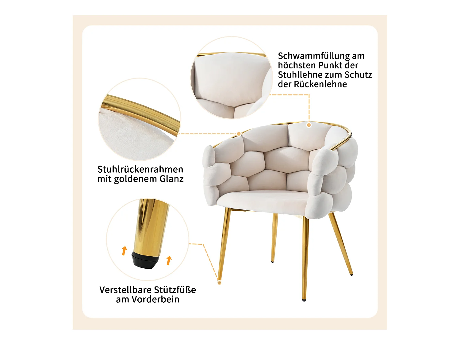 Chaises de luxe en velours 1 place, chaises de salon, chaises de salle à manger, pieds en fer doré, beige, chaises bulles