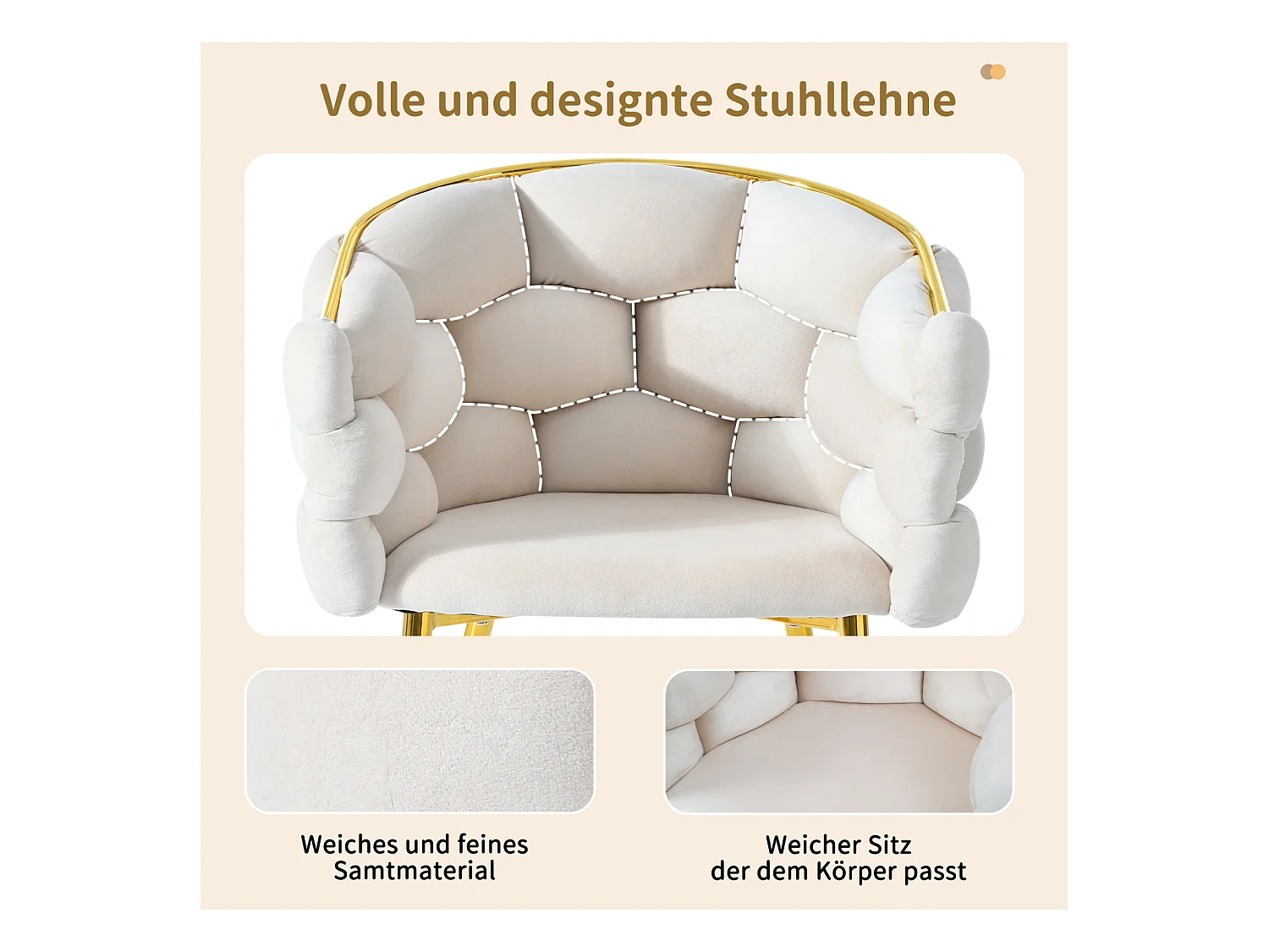 Chaises de luxe en velours 1 place, chaises de salon, chaises de salle à manger, pieds en fer doré, beige, chaises bulles