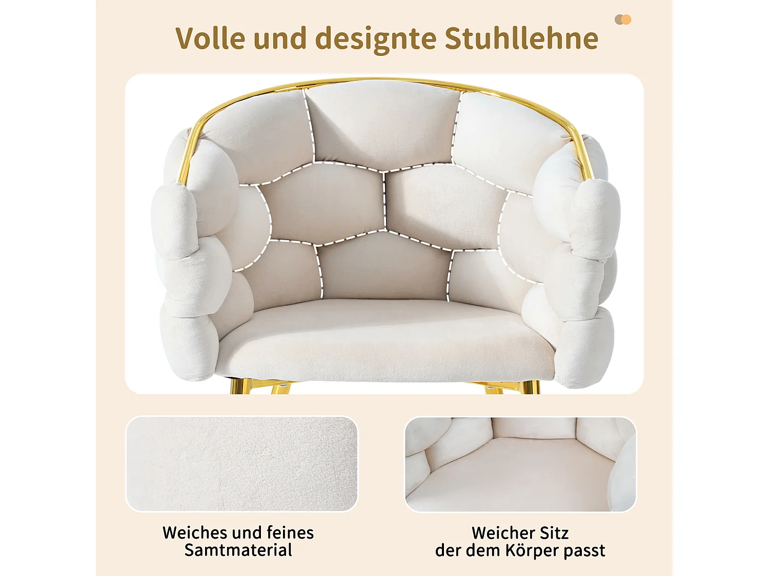 Chaises de luxe en velours 1 place, chaises de salon, chaises de salle à manger, pieds en fer doré, beige, chaises bulles