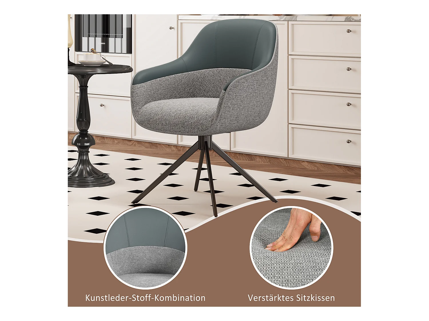 Set di 4 sedie da pranzo girevoli, combinazione di similpelle e tessuto, altamente imbottite, regolabili in altezza, grigie