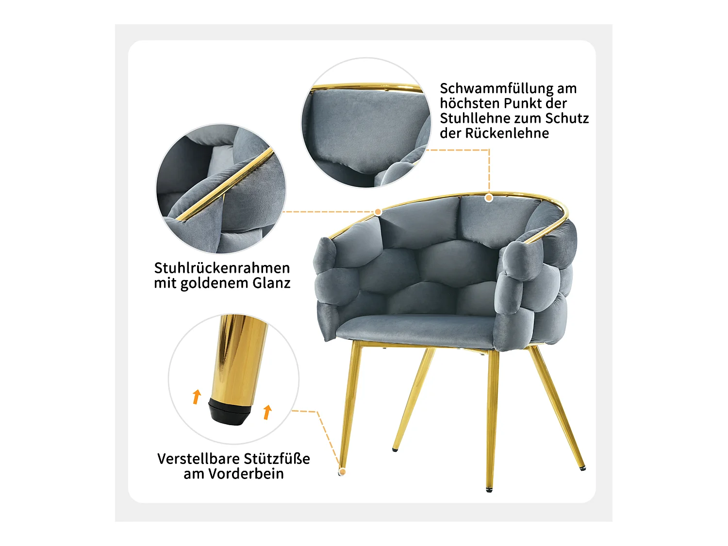 Sedie di lusso in velluto a 1 posto, sedie da soggiorno, sedie da sala da pranzo, gambe in ferro dorato, grigie, sedie a bolle