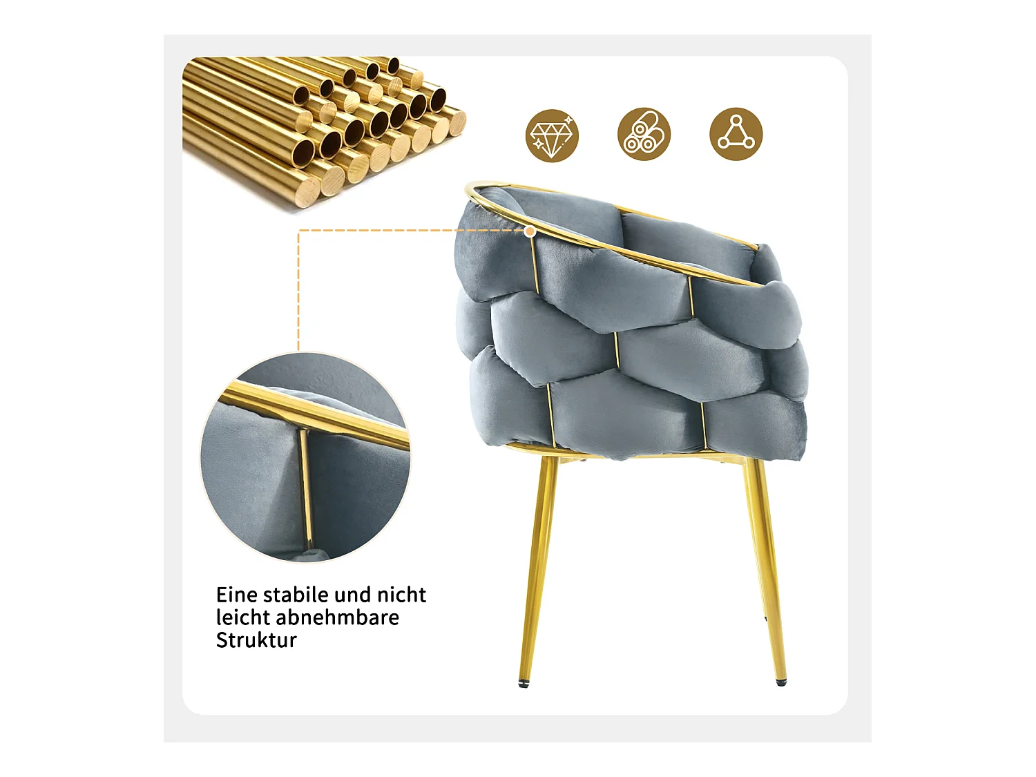 Sedie di lusso in velluto a 1 posto, sedie da soggiorno, sedie da sala da pranzo, gambe in ferro dorato, grigie, sedie a bolle