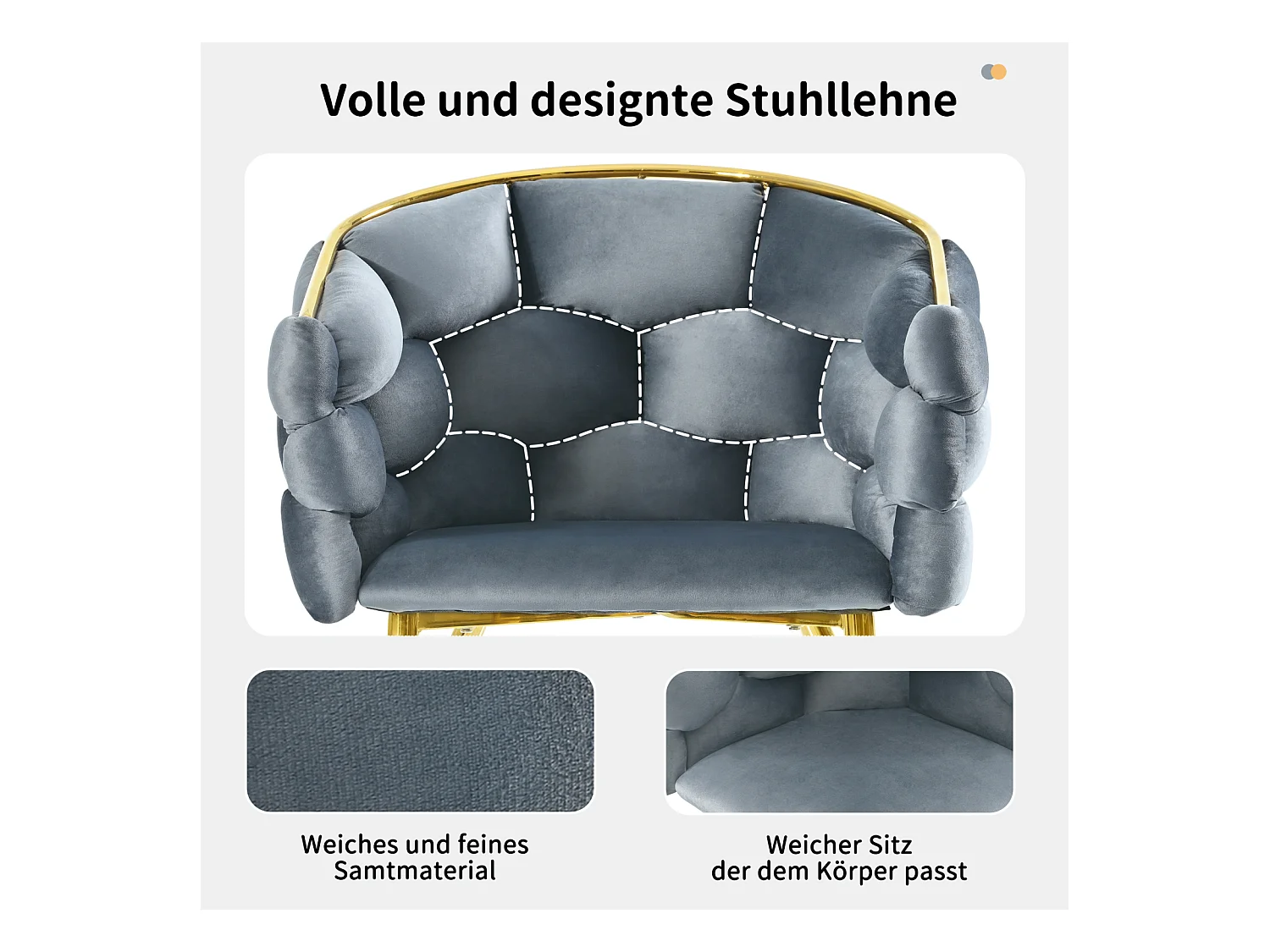 Sedie di lusso in velluto a 1 posto, sedie da soggiorno, sedie da sala da pranzo, gambe in ferro dorato, grigie, sedie a bolle