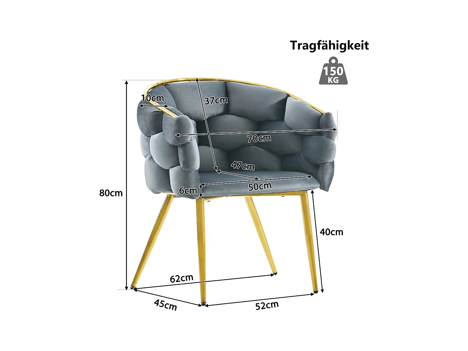 Sedie di lusso in velluto a 1 posto, sedie da soggiorno, sedie da sala da pranzo, gambe in ferro dorato, grigie, sedie a bolle