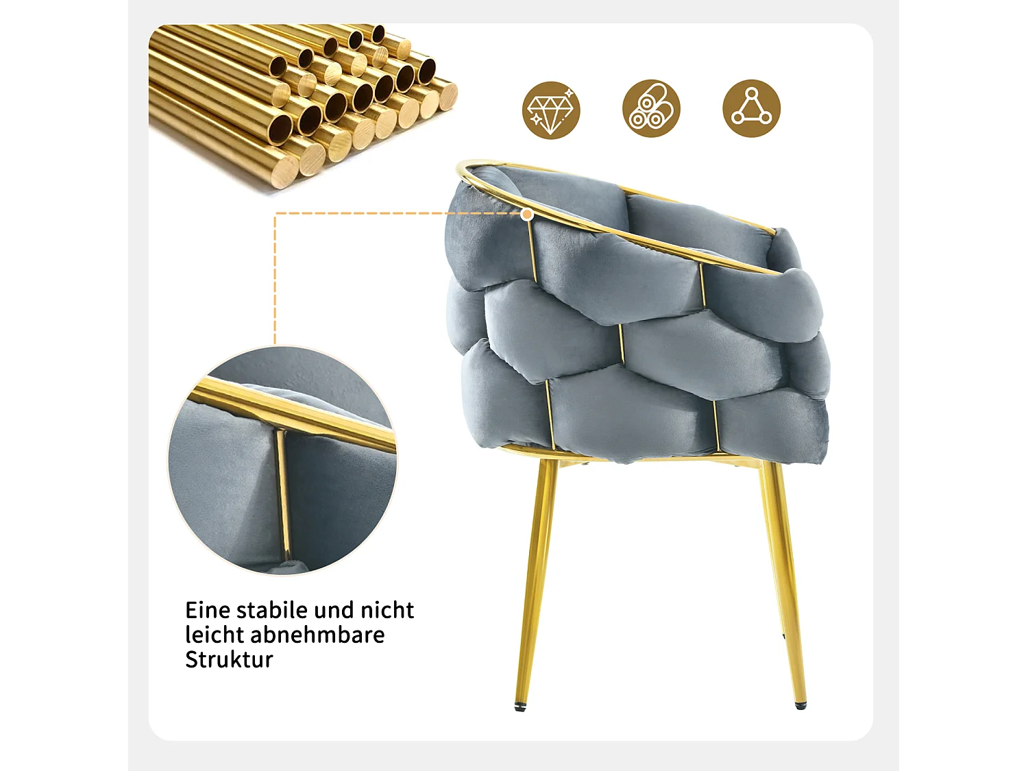 Chaises de luxe en velours 1 place, chaises de salon, chaises de salle à manger, pieds en fer doré, gris, chaises bulles