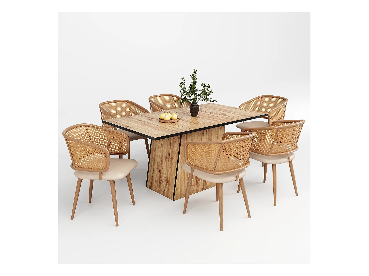 Ensemble de 2 chaises de salle à manger, avec dossier en rotin, coussin d'assise en cuir PU, confortable et respirant