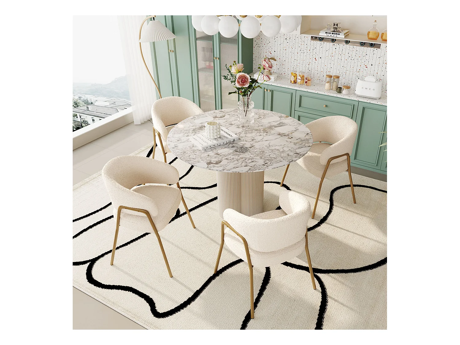 Set di 4 sedie da pranzo bianche, moderne, in velluto di agnello, gambe dorate