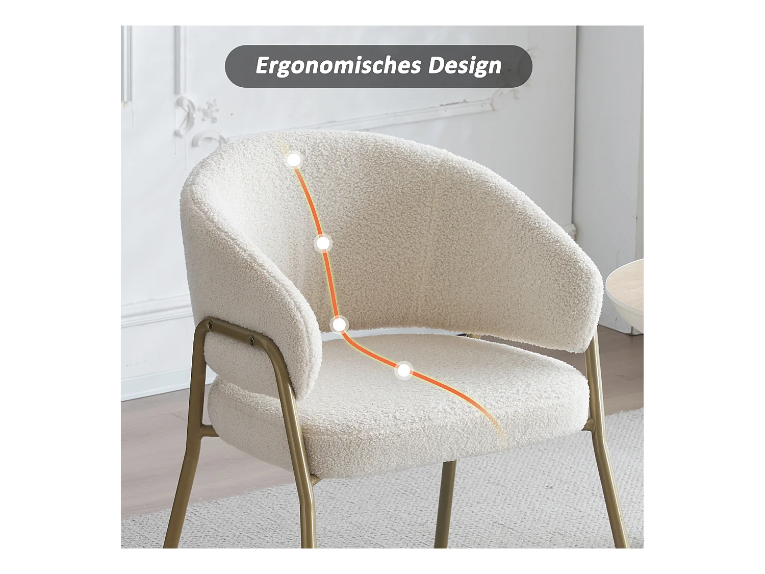 Set di 4 sedie da pranzo bianche, moderne, in velluto di agnello, gambe dorate