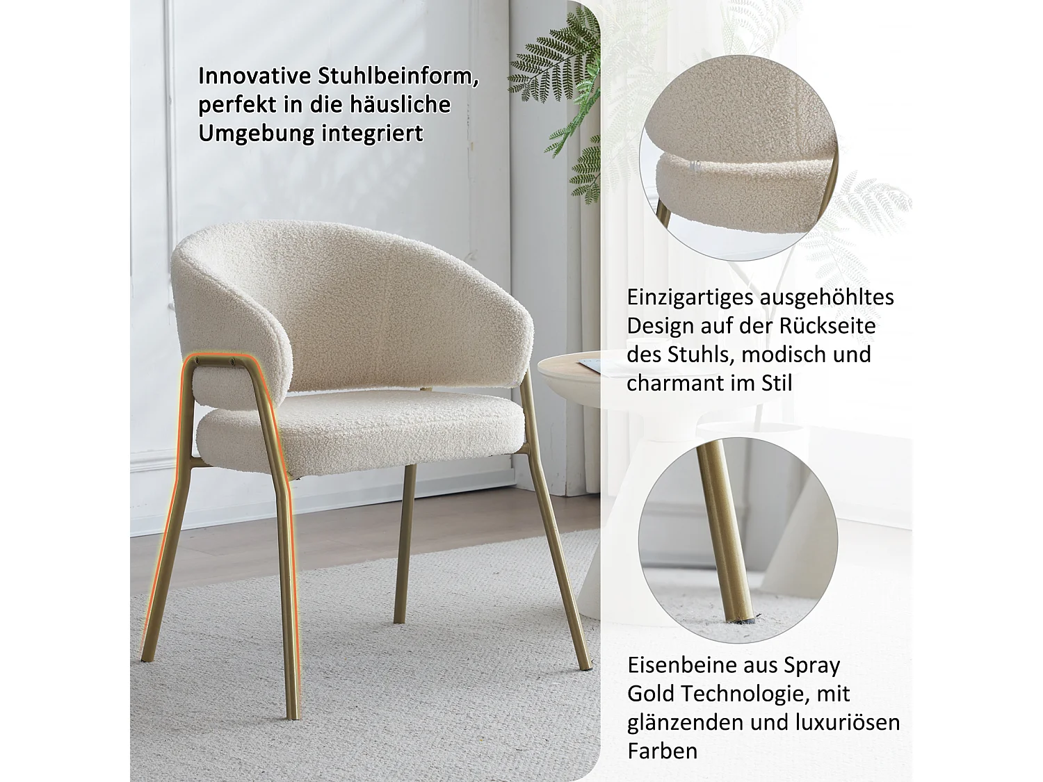 Witte eetkamerstoelenset van 4, modern, lamsvelours, gouden poten