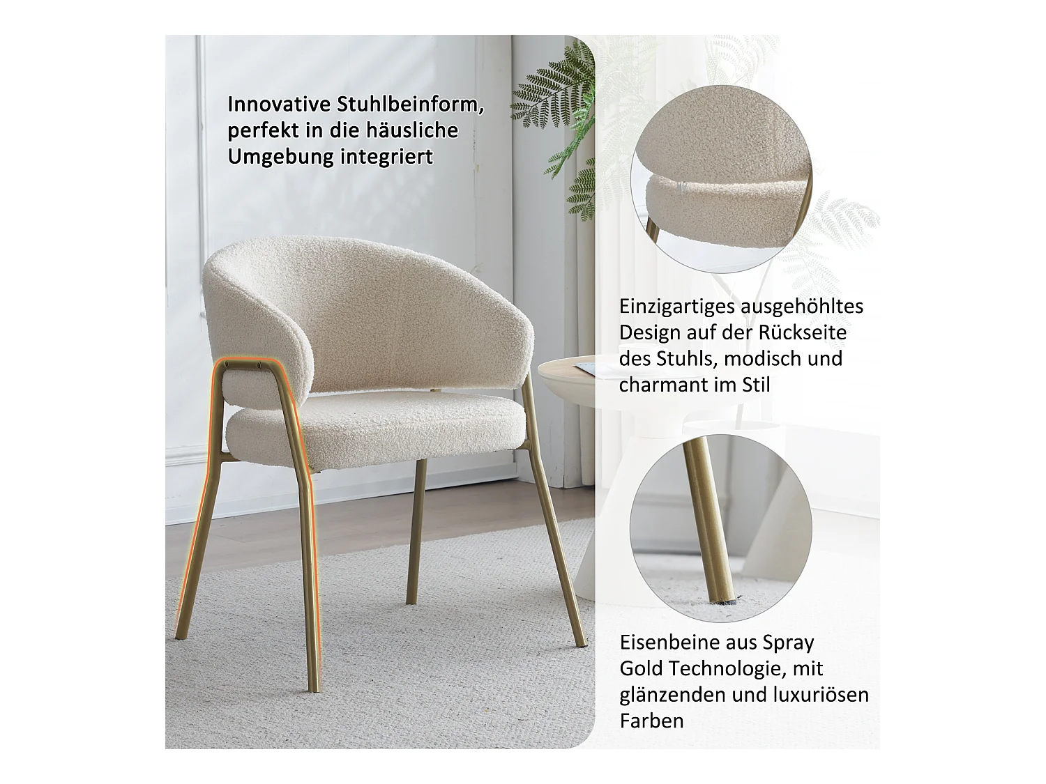 Lot de 2 chaises de salle à manger blanches, modernes, en velours d'agneau, pieds dorés