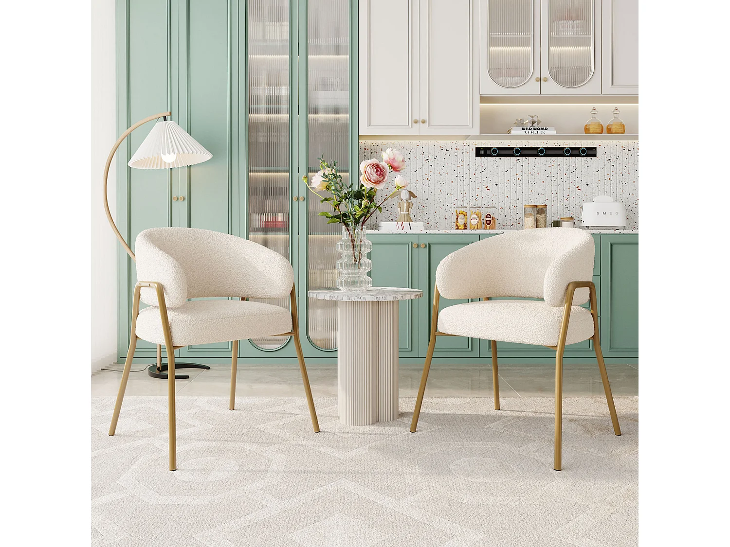 Lot de 2 chaises de salle à manger blanches, modernes, en velours d'agneau, pieds dorés