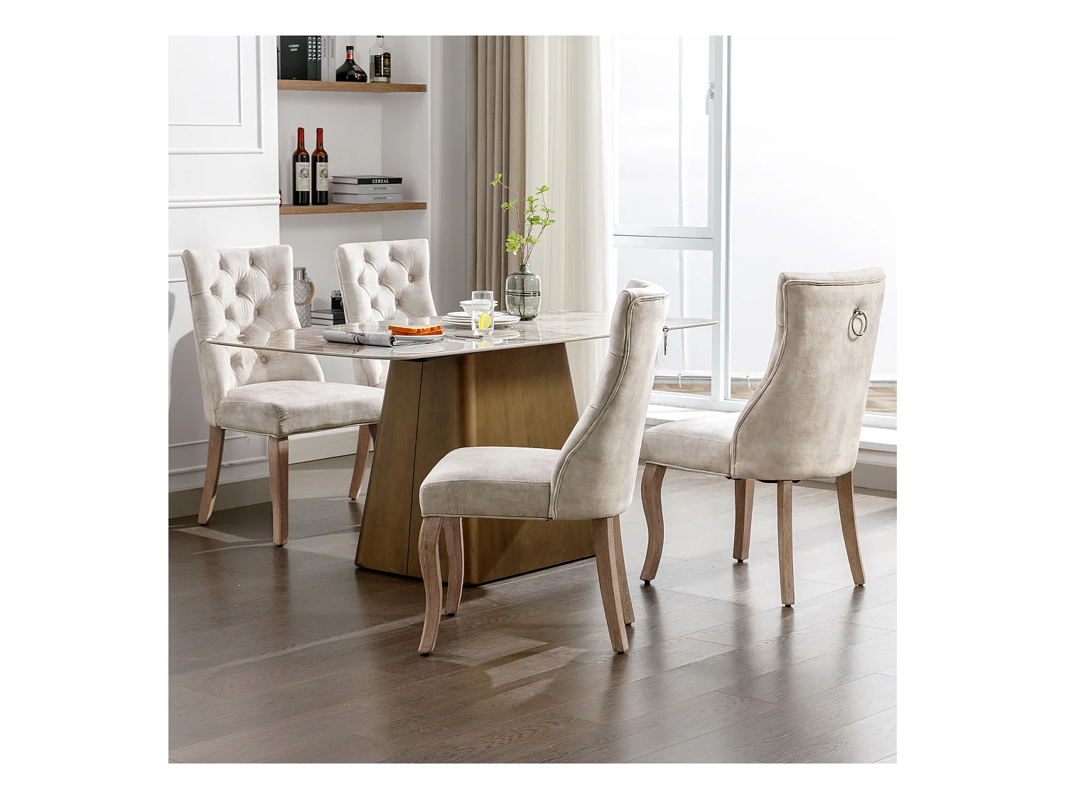 Esszimmerstuhl 4er-Set, Hellbeige Samt, hohe Rückenlehne, mit Knopfsteppung, Massivholz-Gestell