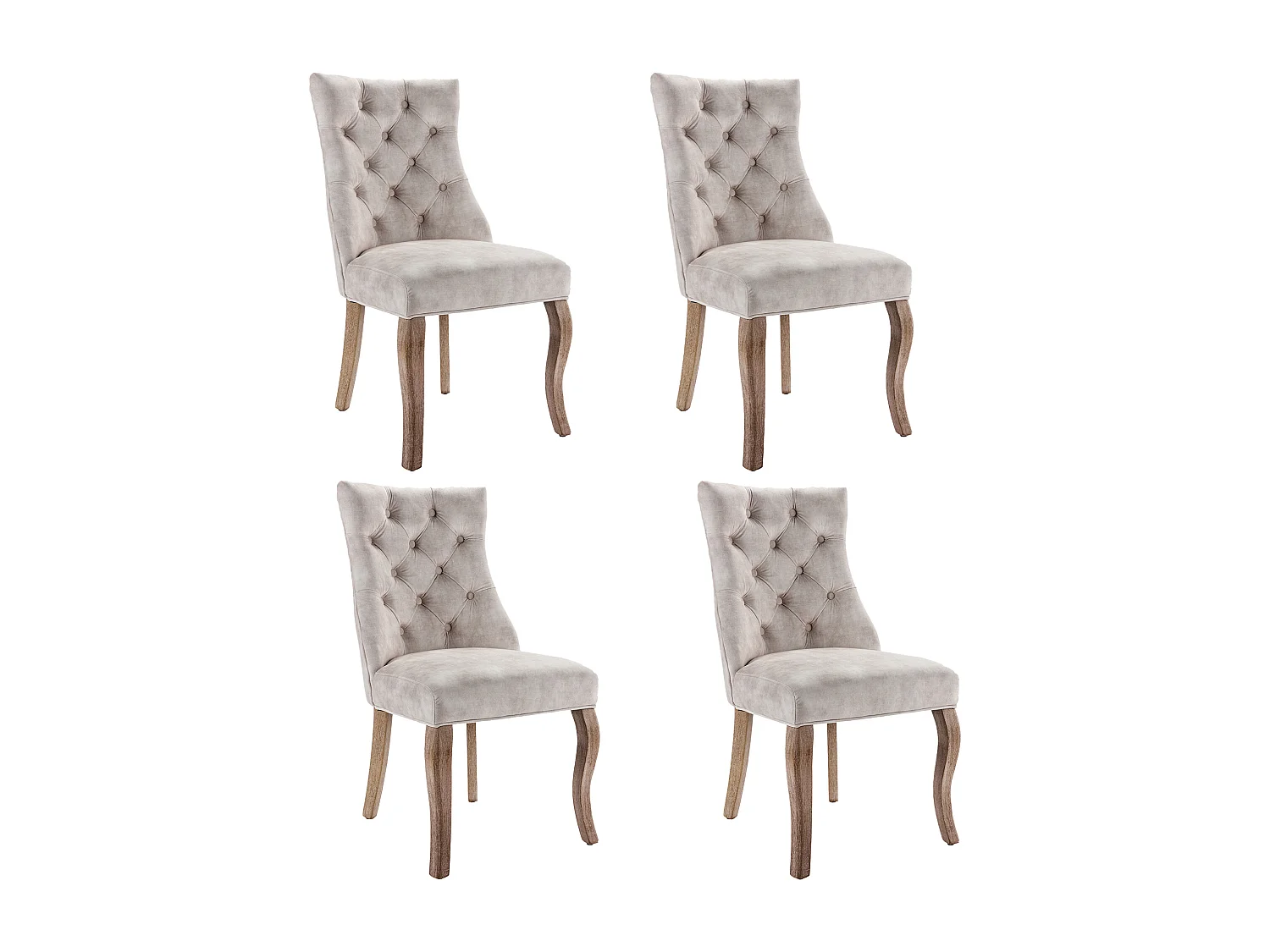 Ensemble de 4 chaises de salle à manger, velours beige clair, dossier haut, avec surpiqûres boutonnées, structure en bois massif