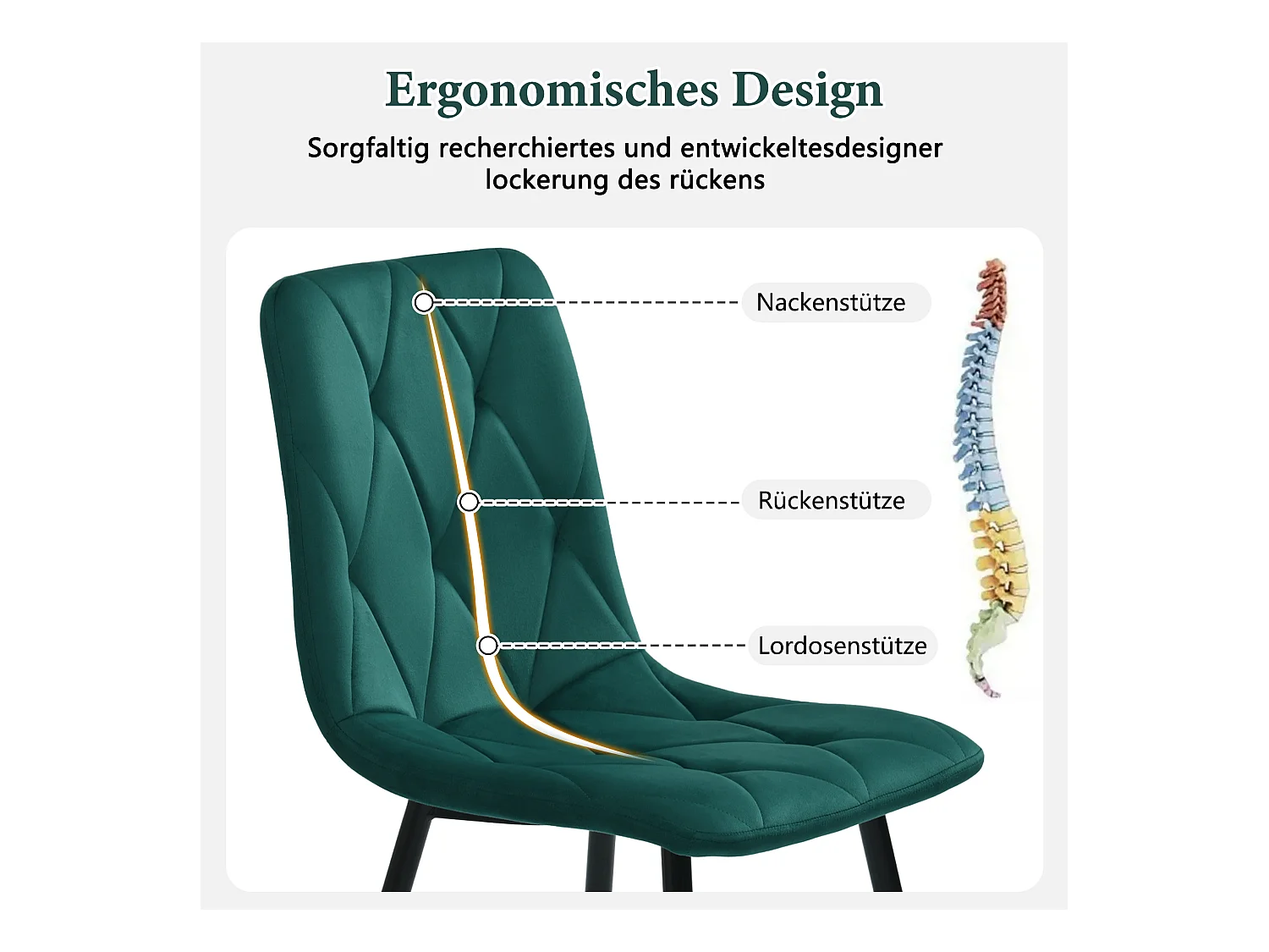Ensemble de 4 chaises de salle à manger, vert foncé, design de chaise rembourrée, velours sergé, avec dossier, pieds en métal