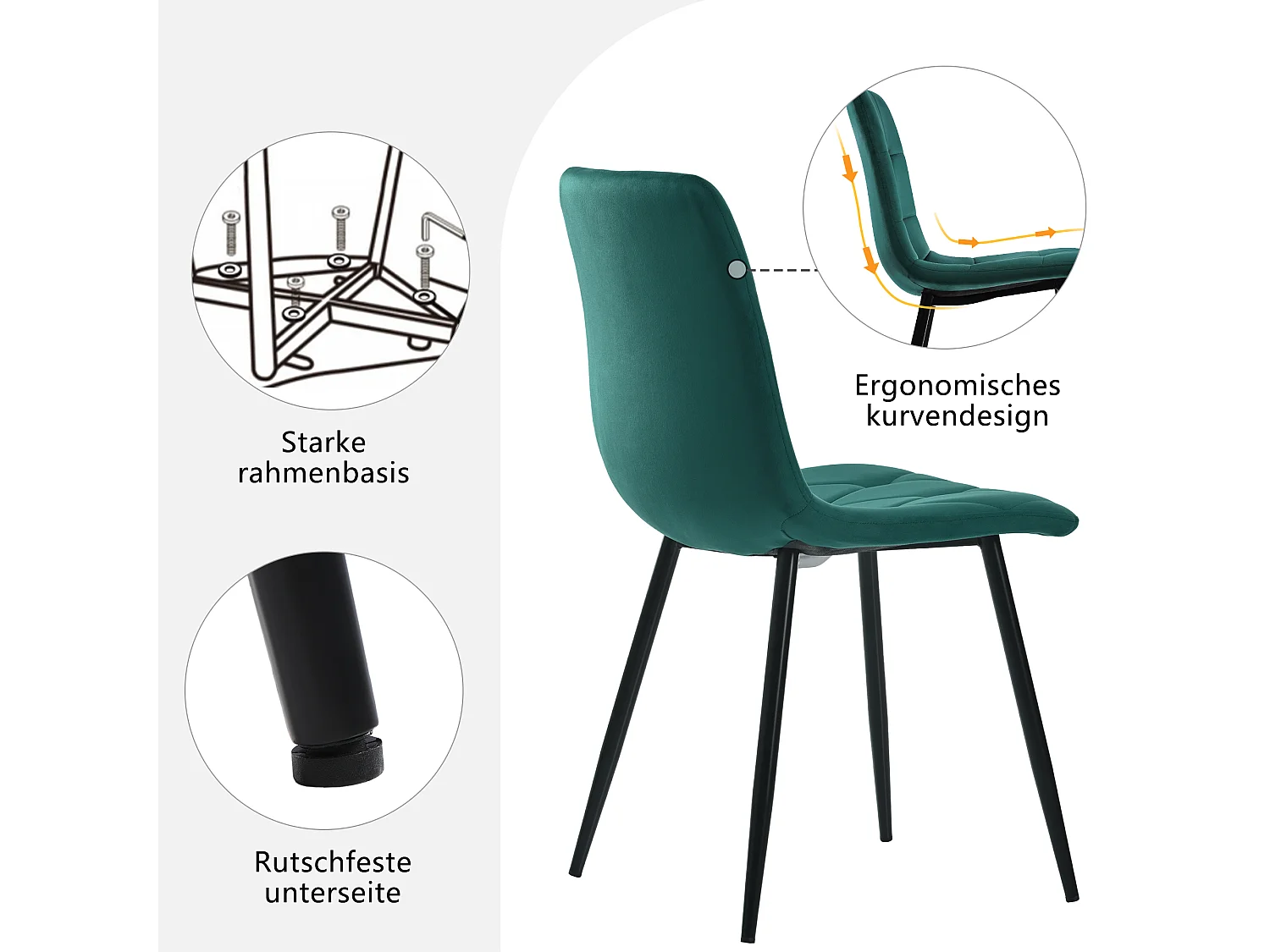 Ensemble de 4 chaises de salle à manger, vert foncé, design de chaise rembourrée, velours sergé, avec dossier, pieds en métal