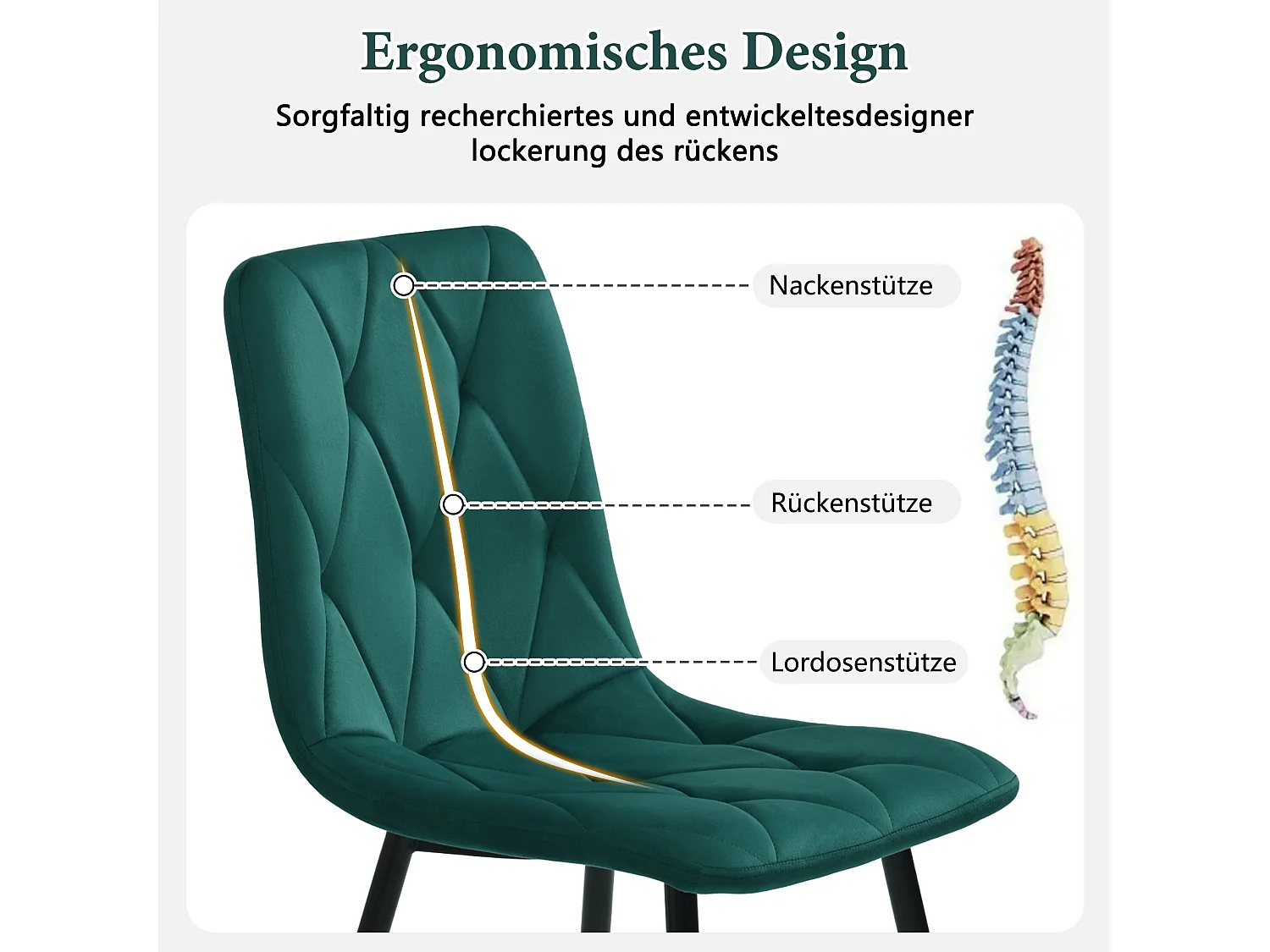 Ensemble de 4 chaises de salle à manger, vert foncé, design de chaise rembourrée, velours sergé, avec dossier, pieds en métal