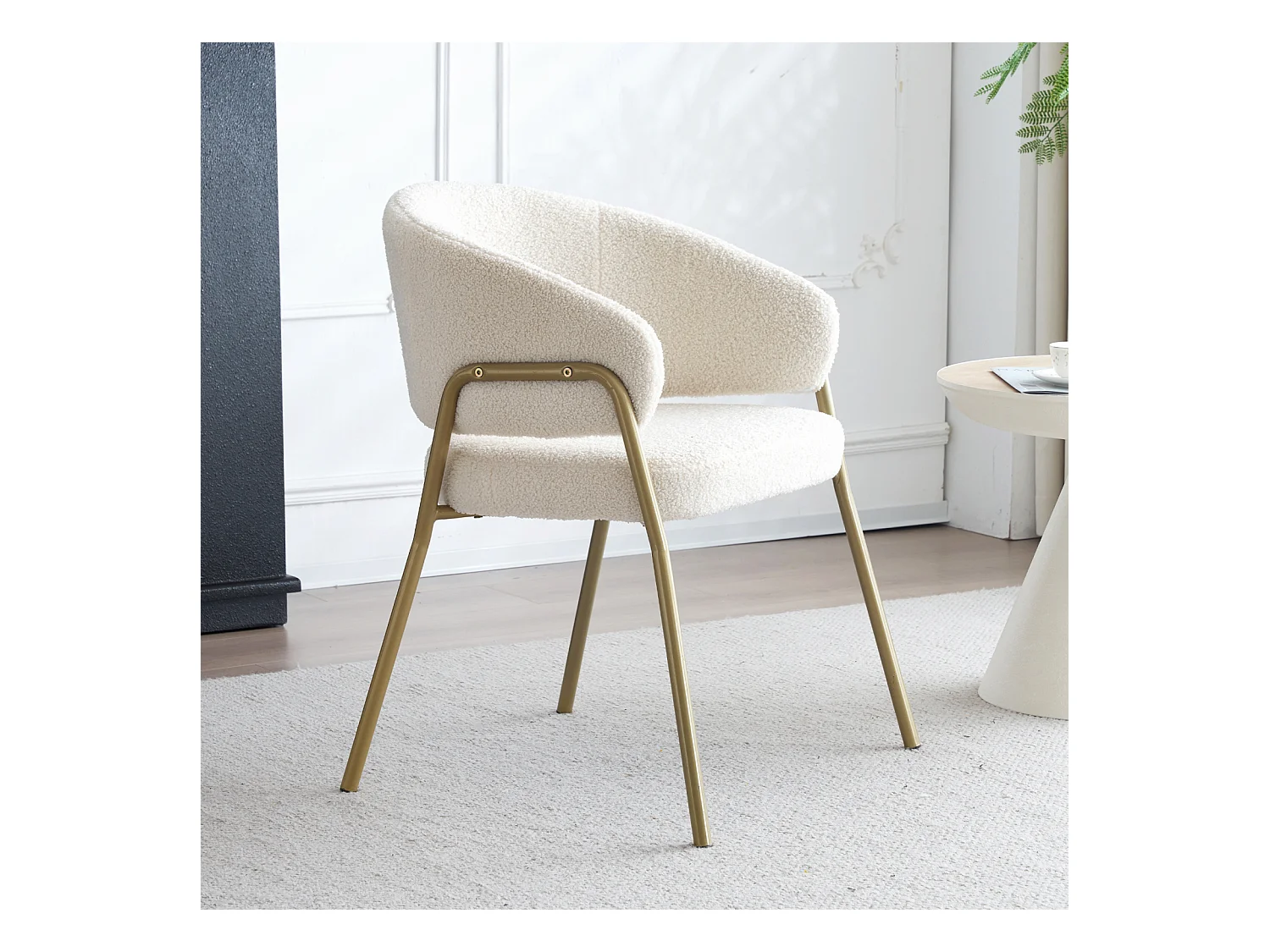 Silla de comedor blanca de 1 plaza, moderna, terciopelo de cordero, patas doradas