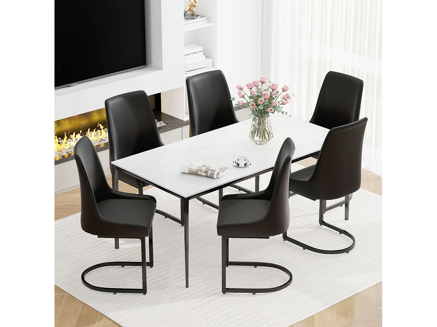 Set van 2 eetkamerstoelen, gemaakt van PU-leer, moderne keukenstoelen, hoge rugleuning, zwart