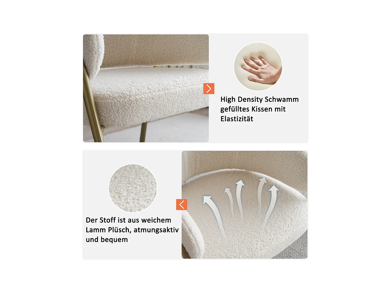 Weißer Esszimmerstuhl 6er-Set, modern, Lamm Samt, goldene Beine