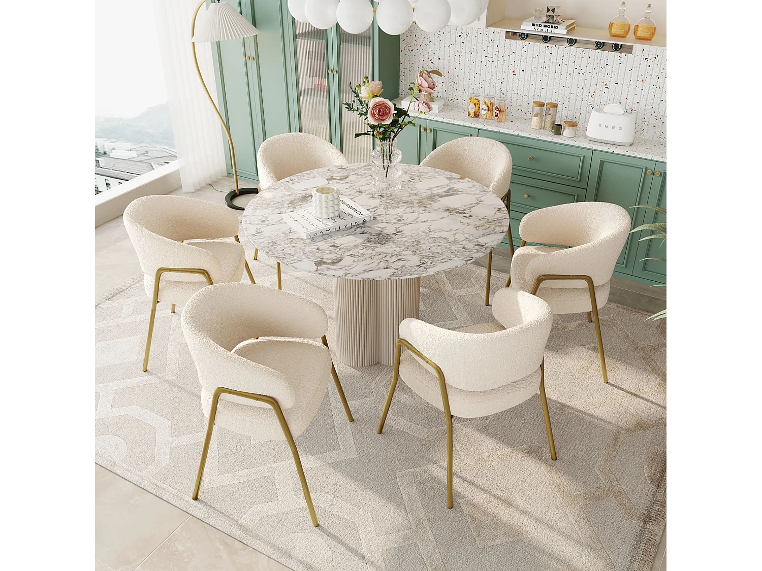 Set di 6 sedie da pranzo bianche, moderne, in velluto di agnello, gambe dorate