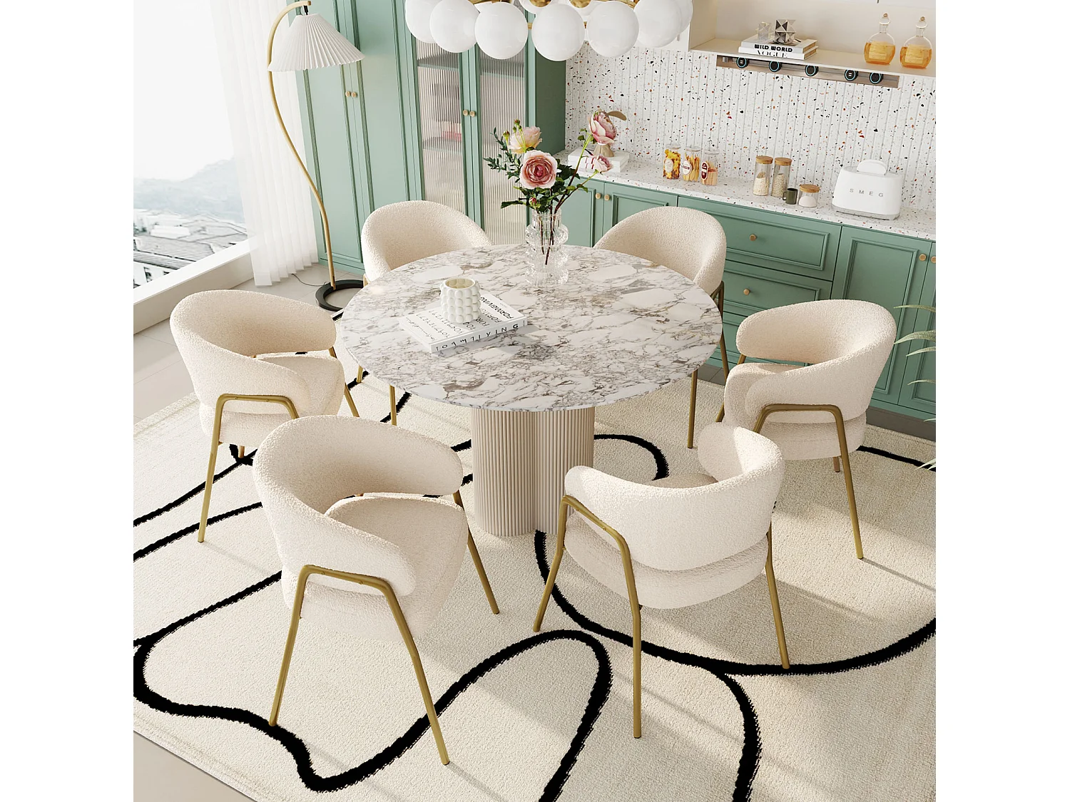 Set di 6 sedie da pranzo bianche, moderne, in velluto di agnello, gambe dorate