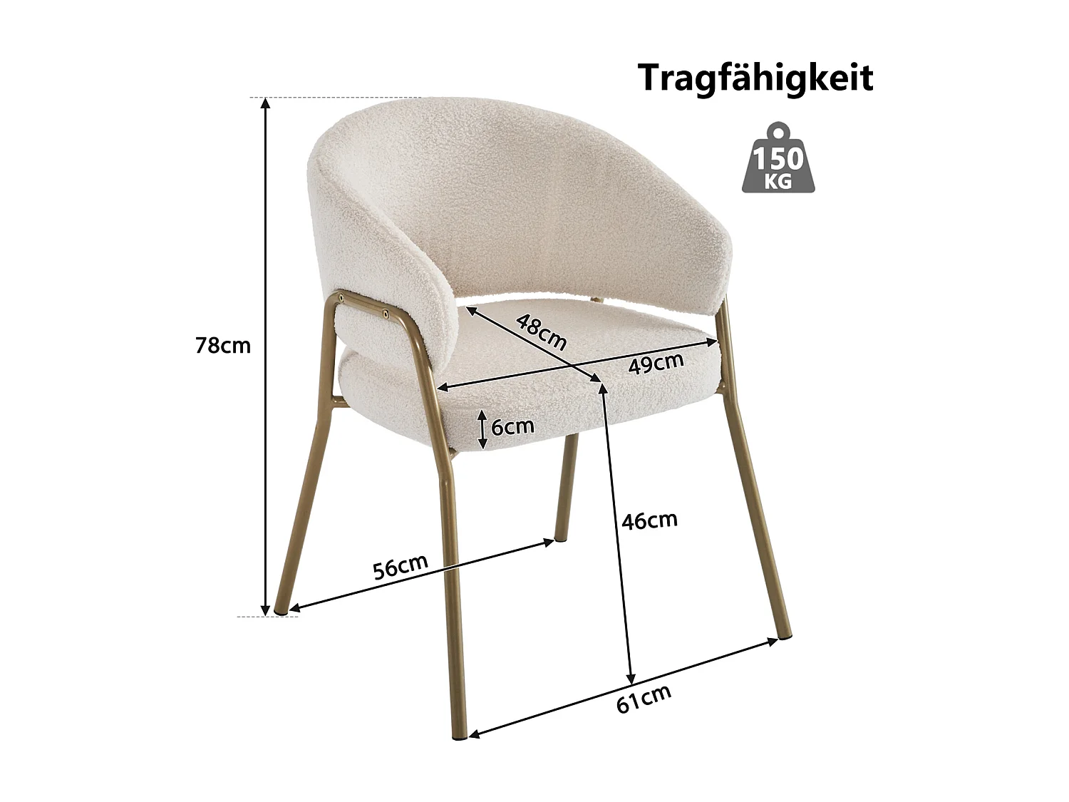 Set di 6 sedie da pranzo bianche, moderne, in velluto di agnello, gambe dorate