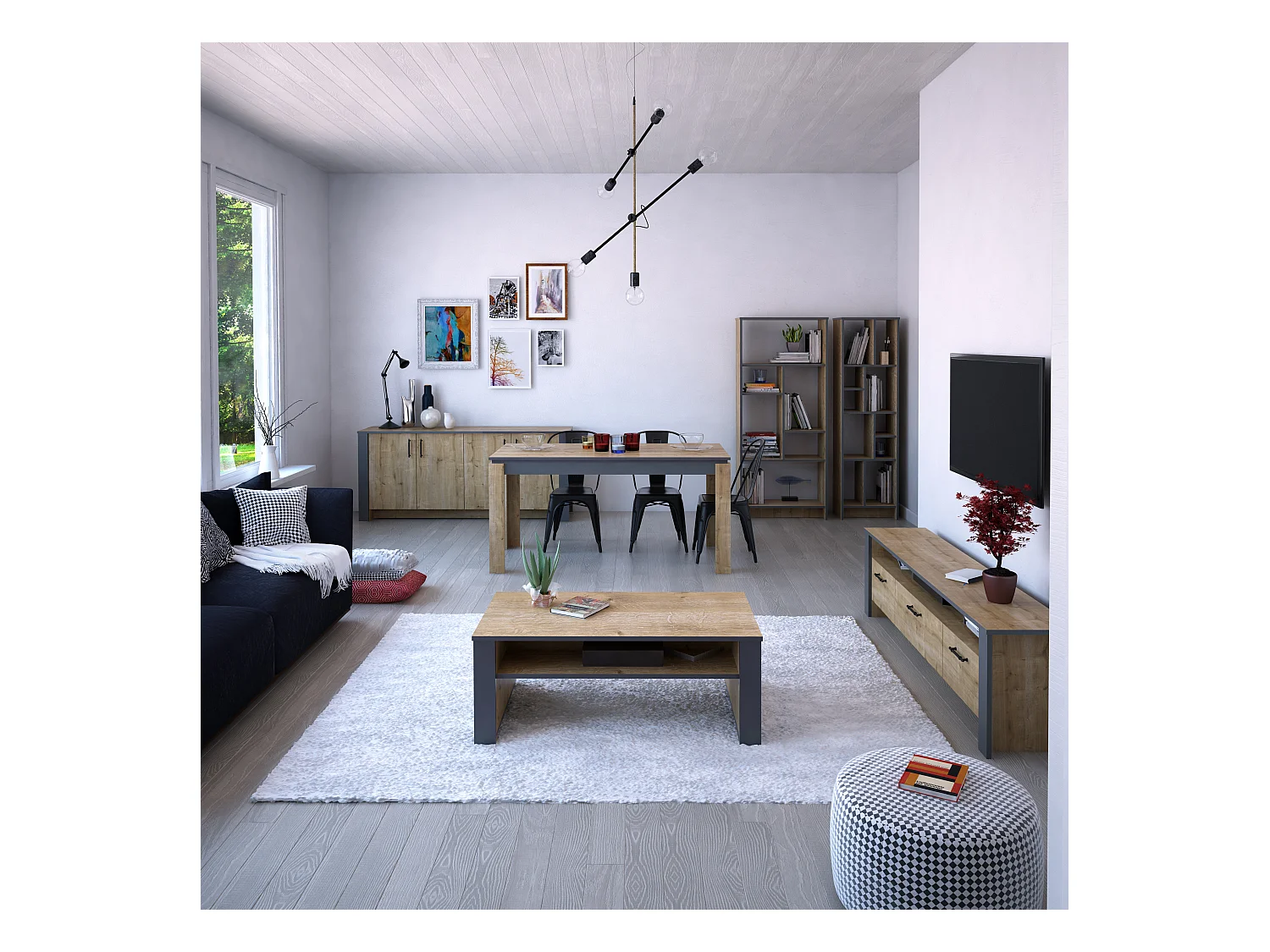 Meuble TV Manhattan 150 cm avec 2 armoires et 3 niches