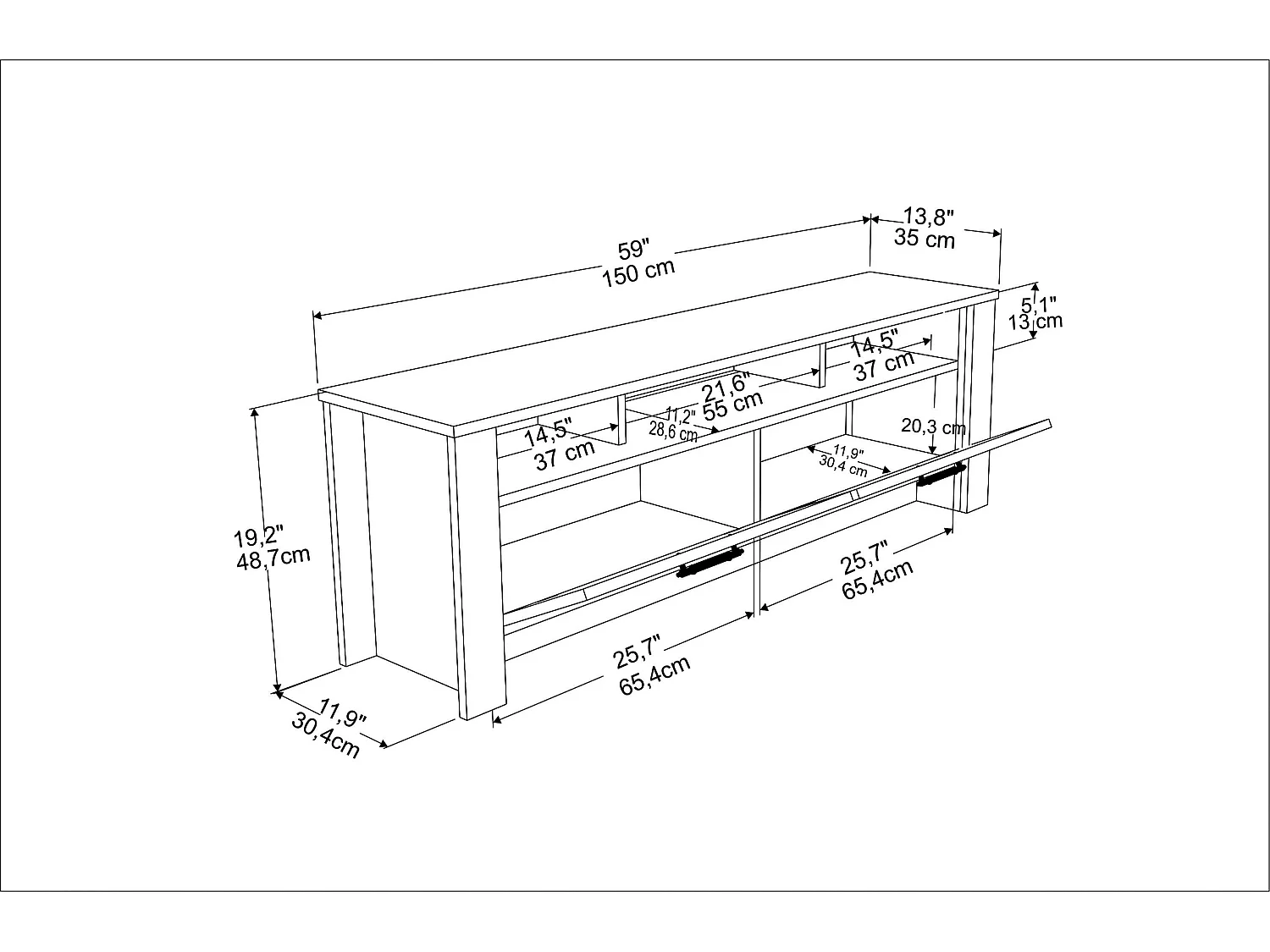 Meuble TV Manhattan 150 cm avec 2 armoires et 3 niches
