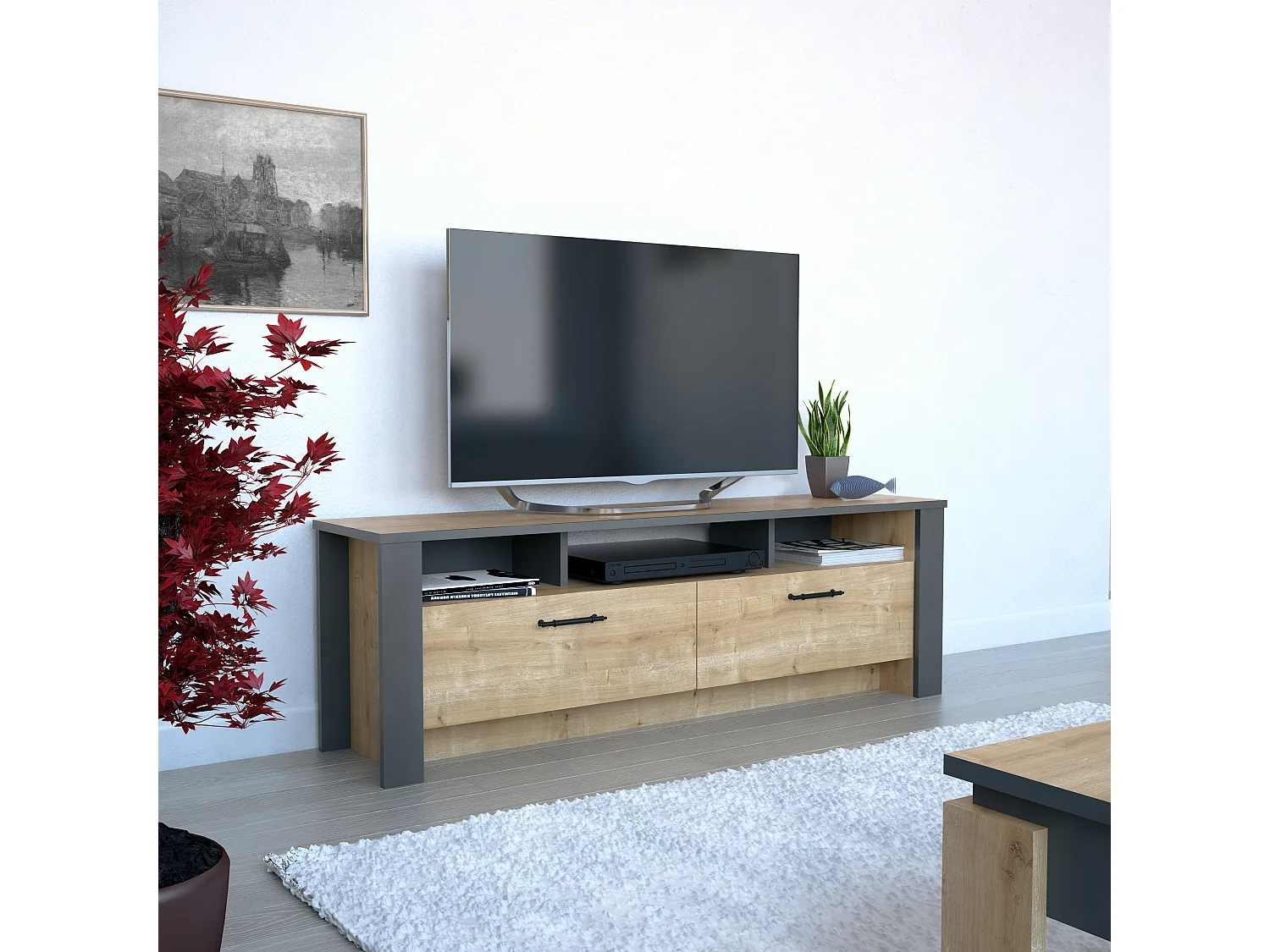 Meuble TV Manhattan 150 cm avec 2 armoires et 3 niches