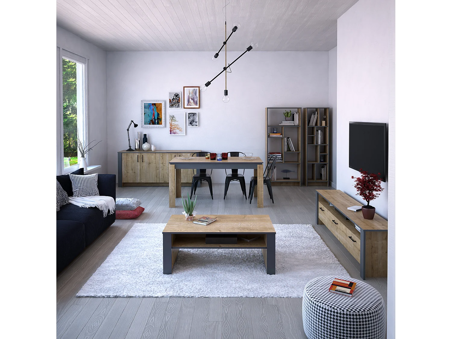 Meuble TV Manhattan 150 cm avec 2 armoires et 3 niches