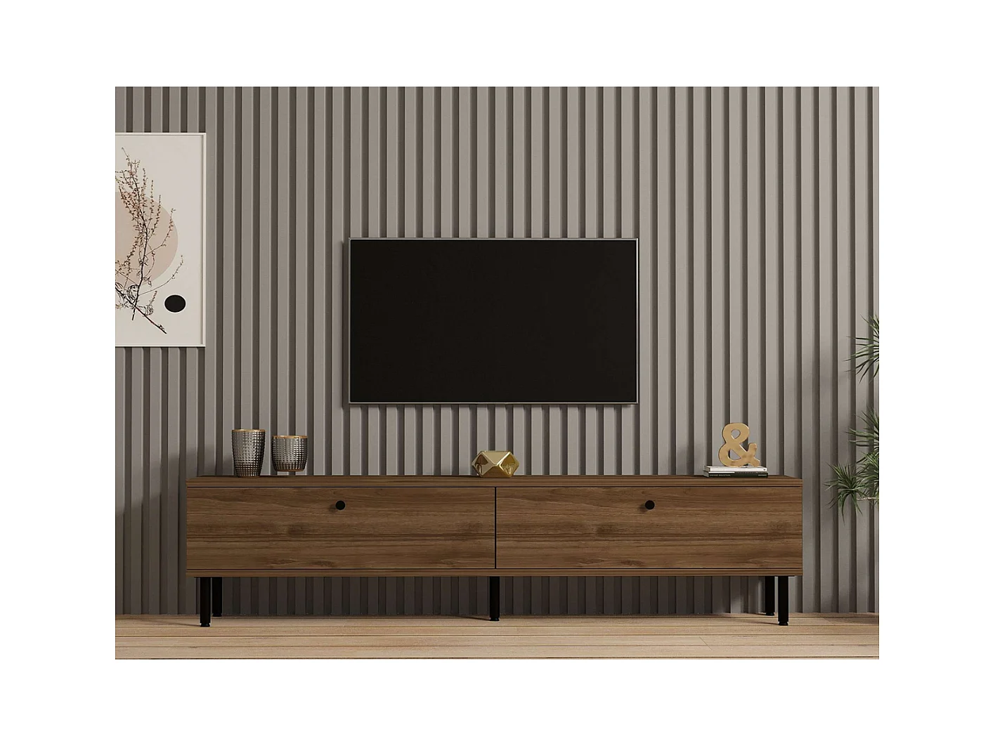Meuble TV 2 abattants décor noyer et pieds en métal noir - DINARD