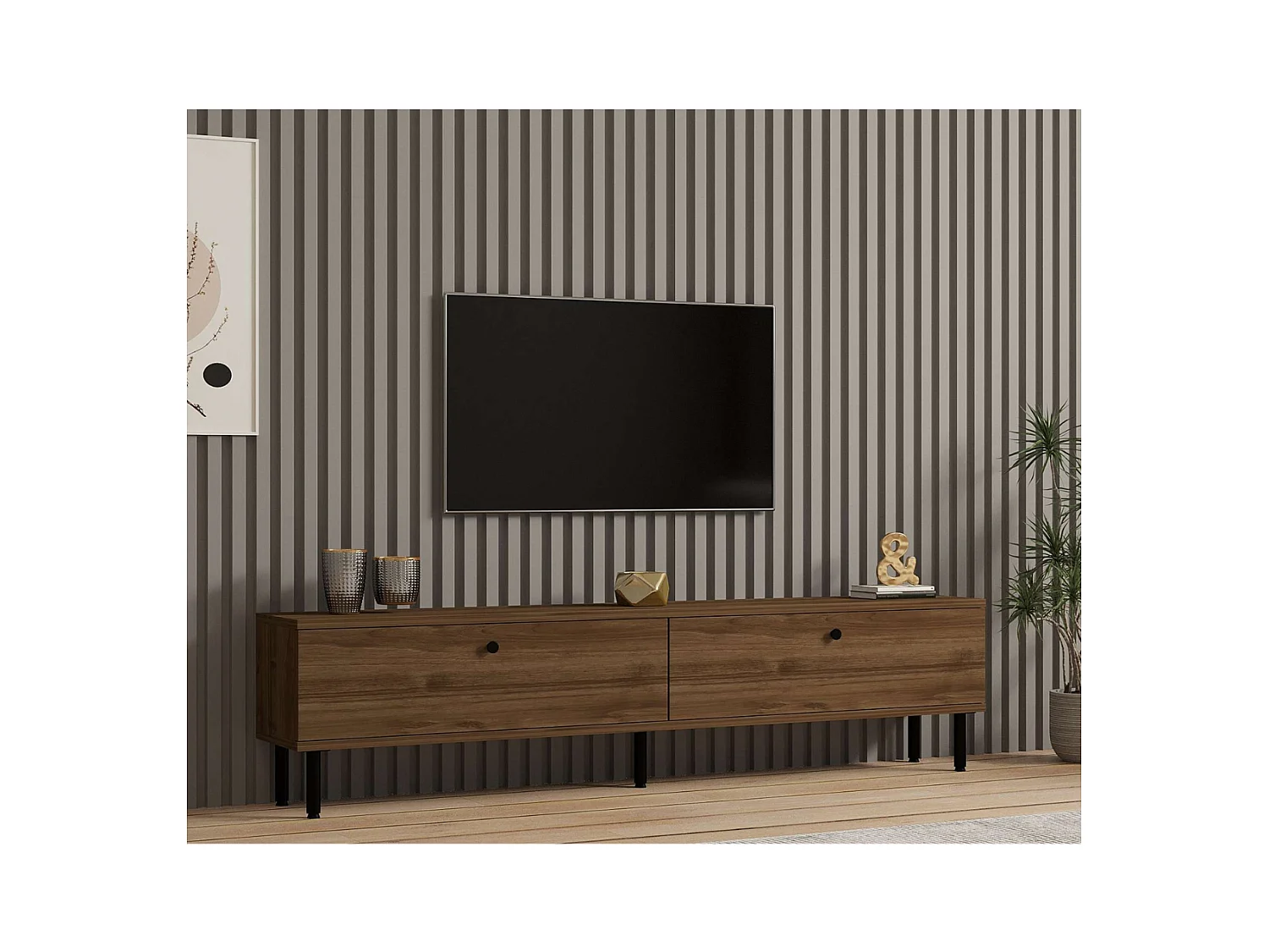 Meuble TV 2 abattants décor noyer et pieds en métal noir - DINARD