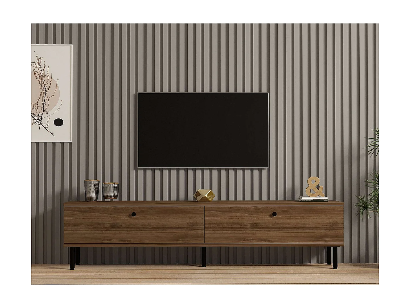 Tv-meubel met 2 kleppen in notenfineer en zwarte metalen poten - DINARD