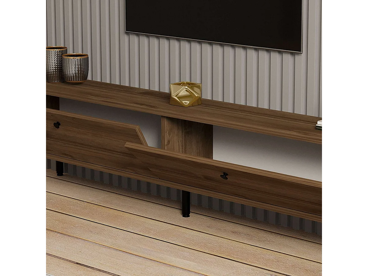 Tv-meubel met 2 kleppen in notenfineer en zwarte metalen poten - DINARD