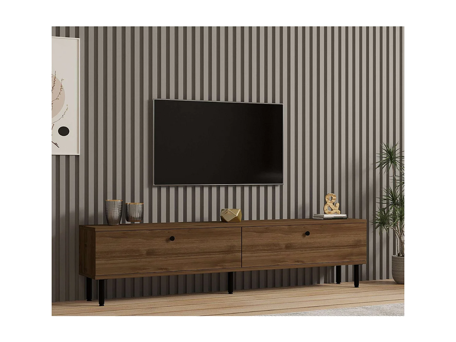 Tv-meubel met 2 kleppen in notenfineer en zwarte metalen poten - DINARD