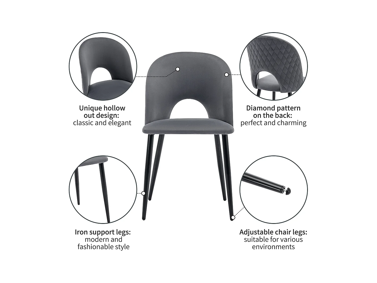 Conjunto de 2 cadeiras de jantar, veludo cinza, encosto diamante, pernas de metal ajustáveis