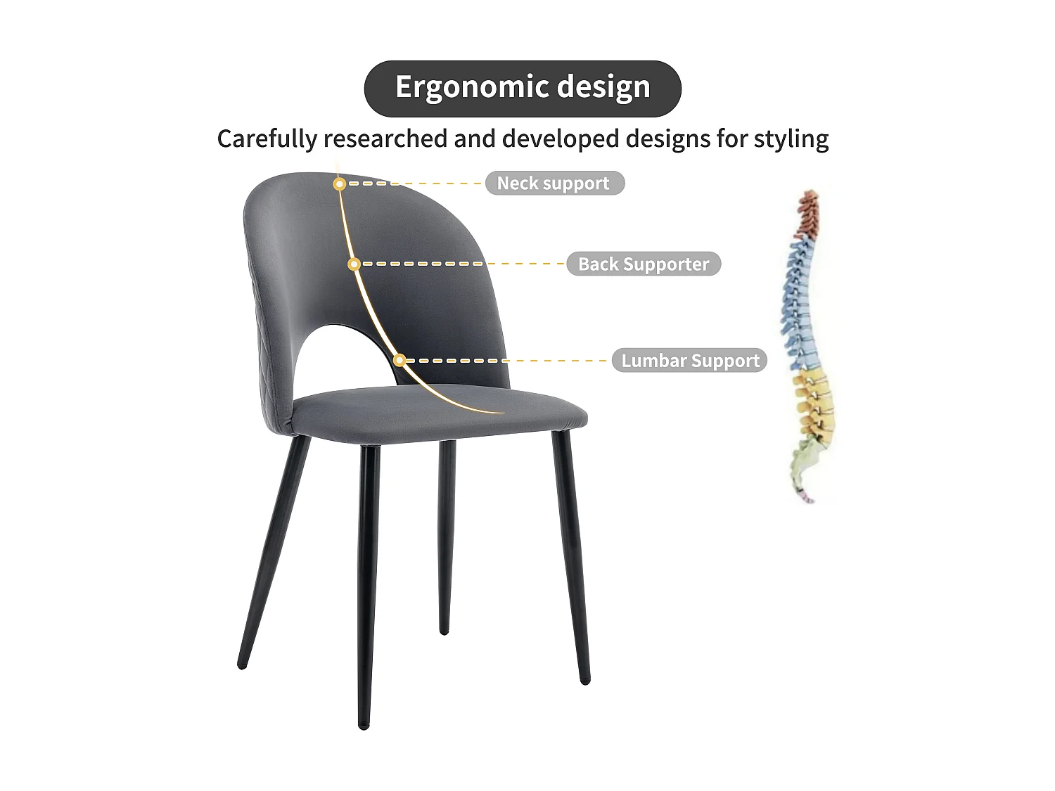 Conjunto de 2 cadeiras de jantar, veludo cinza, encosto diamante, pernas de metal ajustáveis