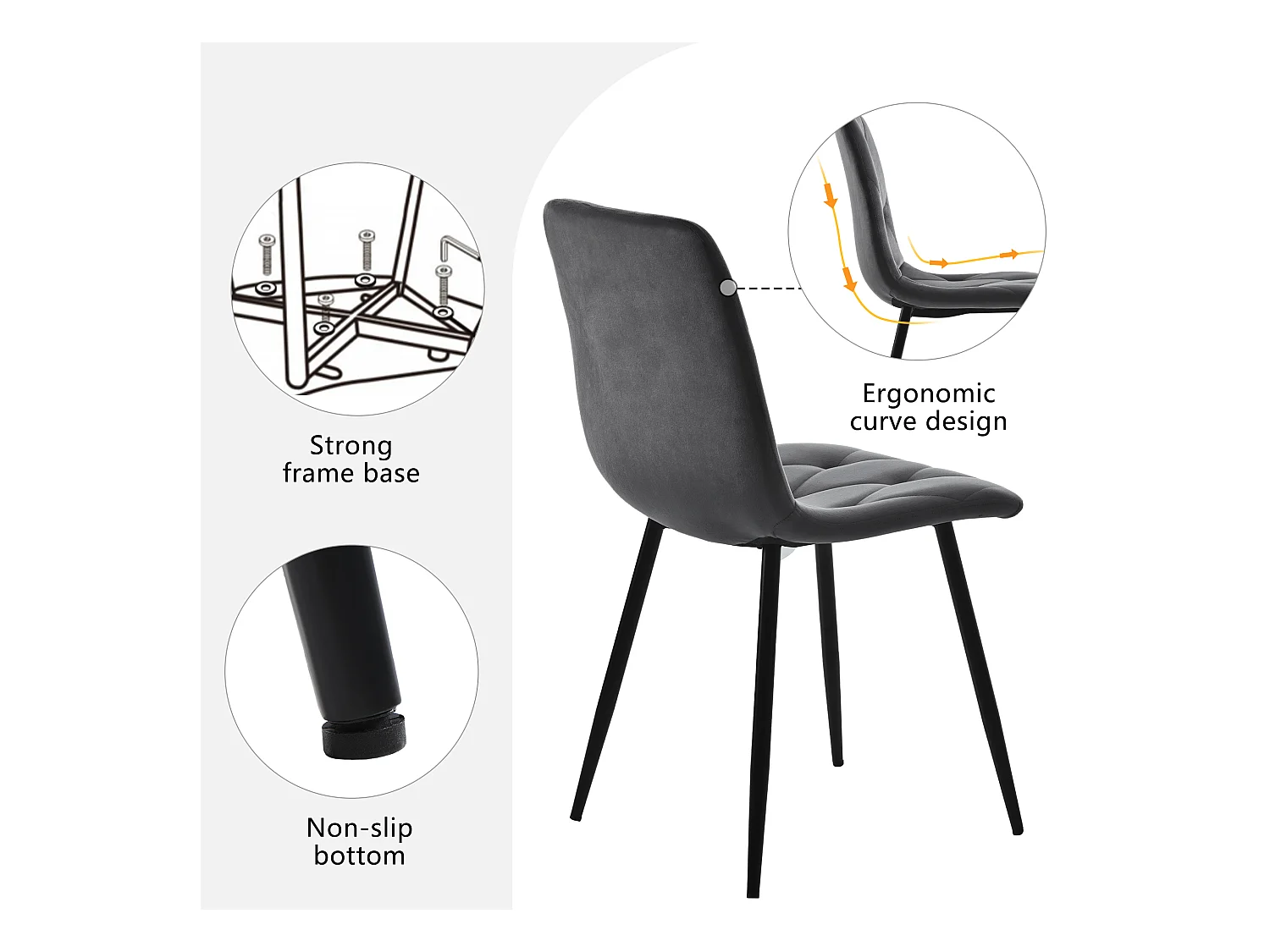 Lot de 4 chaises de salle à manger, gris foncé, en velours, avec dossier et pieds métalliques