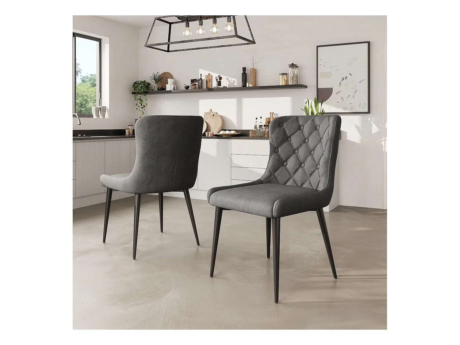 Lot de 2 chaises de salle à manger avec dossier et revêtement en velours - Pieds en fer noir - Gris