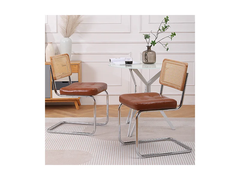 Juego de 2 sillas de comedor modernas de ratán con respaldo de malla y patas de metal, color marrón