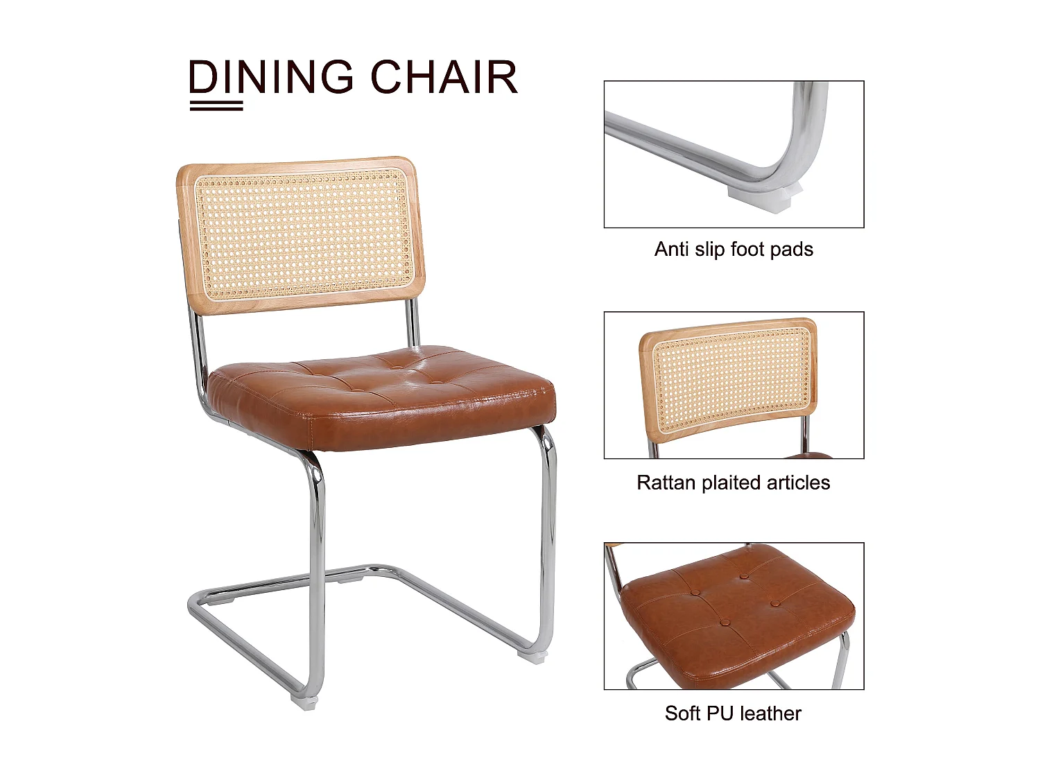 Juego de 2 sillas de comedor modernas de ratán con respaldo de malla y patas de metal, color marrón