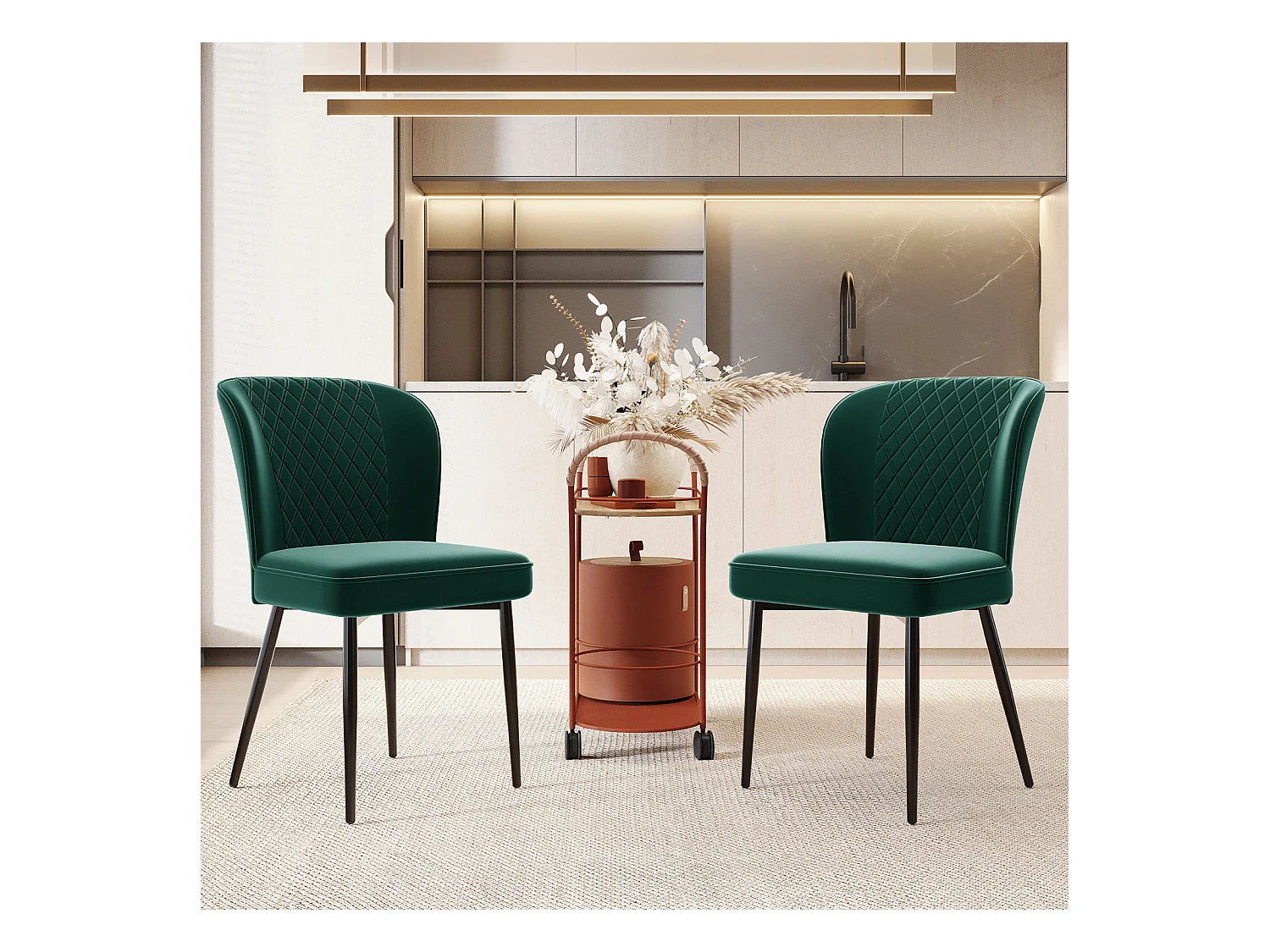 Lot de 2 chaises de salle à manger, vert, assise velours, pieds métal, dossier ergonomique