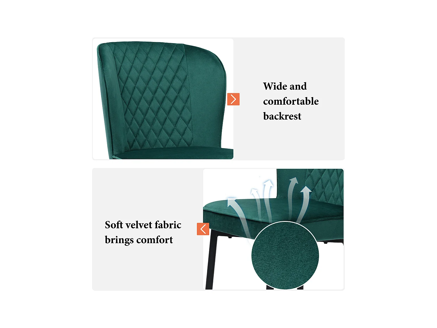 Lot de 2 chaises de salle à manger, vert, assise velours, pieds métal, dossier ergonomique