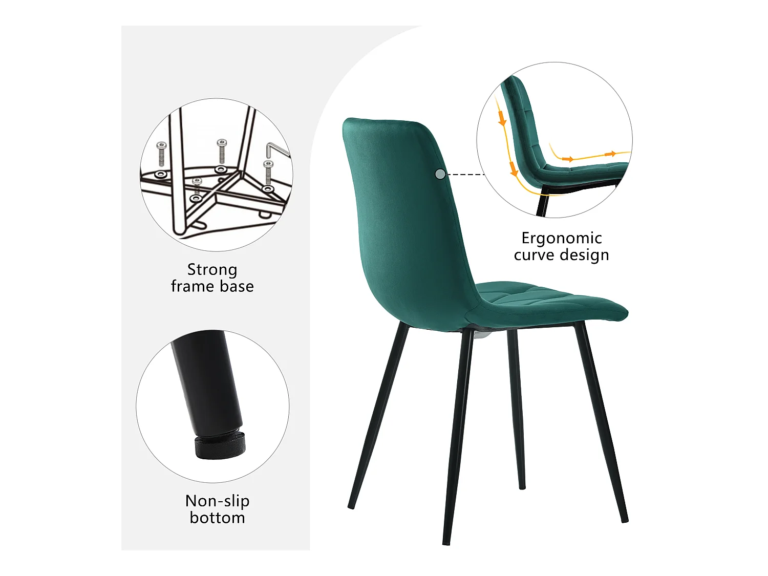 Conjunto de 4 sillas de comedor, color verde, en terciopelo, con respaldo y patas de metal.