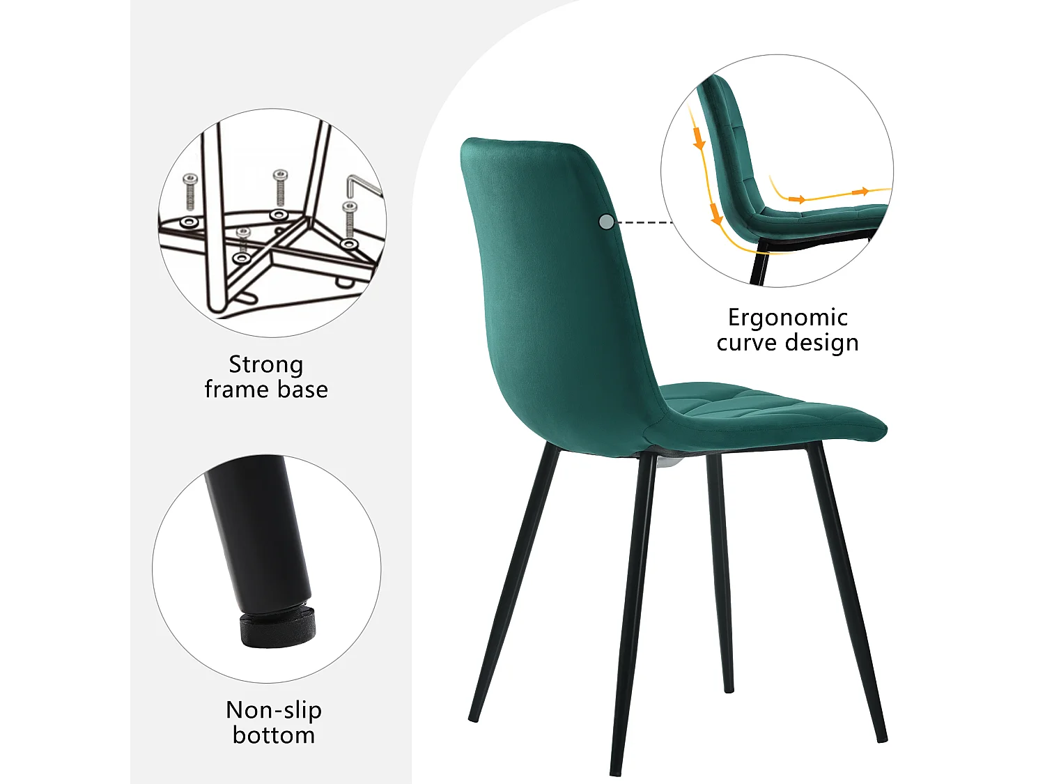 Conjunto de 4 sillas de comedor, color verde, en terciopelo, con respaldo y patas de metal.