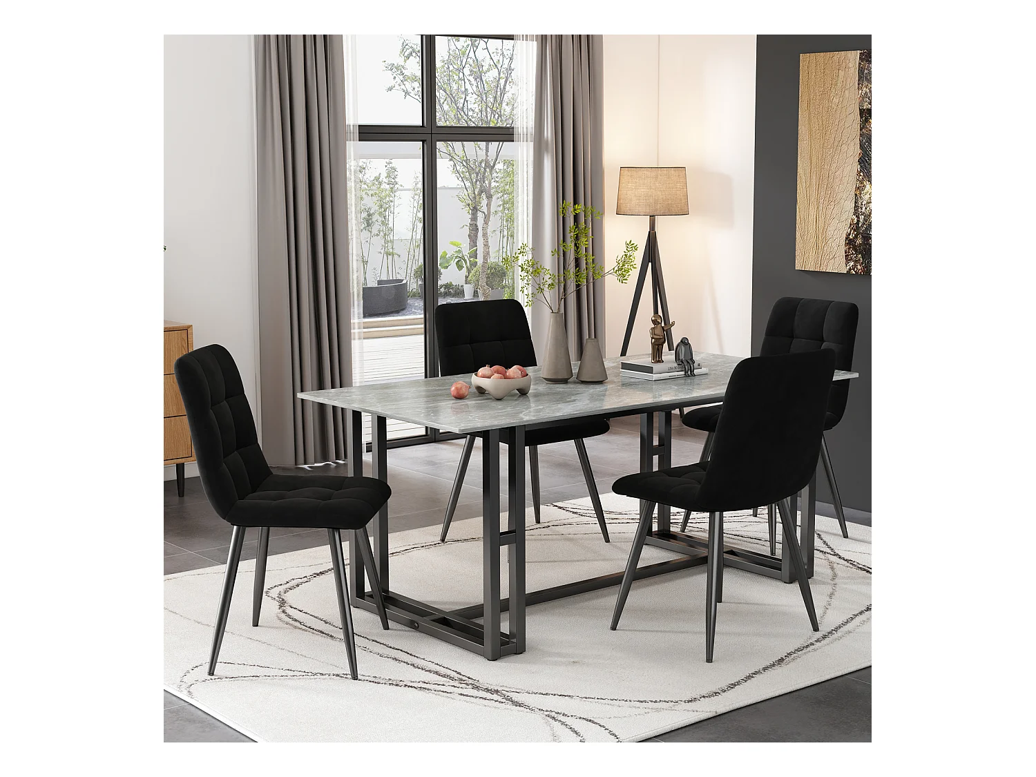 Lot de 4 chaises de salle à manger, Noir, assise en velours, dossier confortable, structure métal