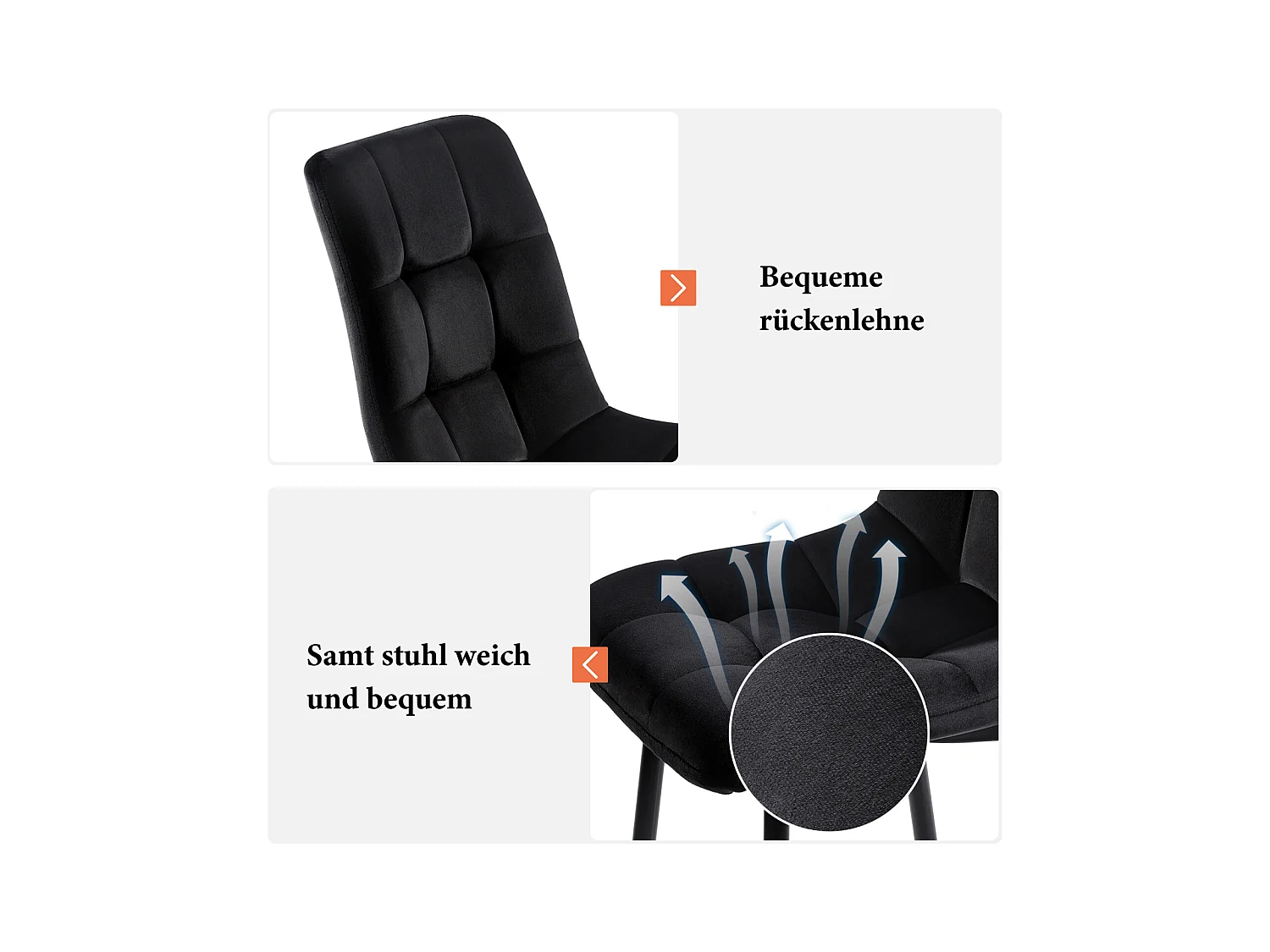 Juego de 4 sillas de comedor, color negro, asiento de terciopelo, respaldo cómodo, estructura de metal.