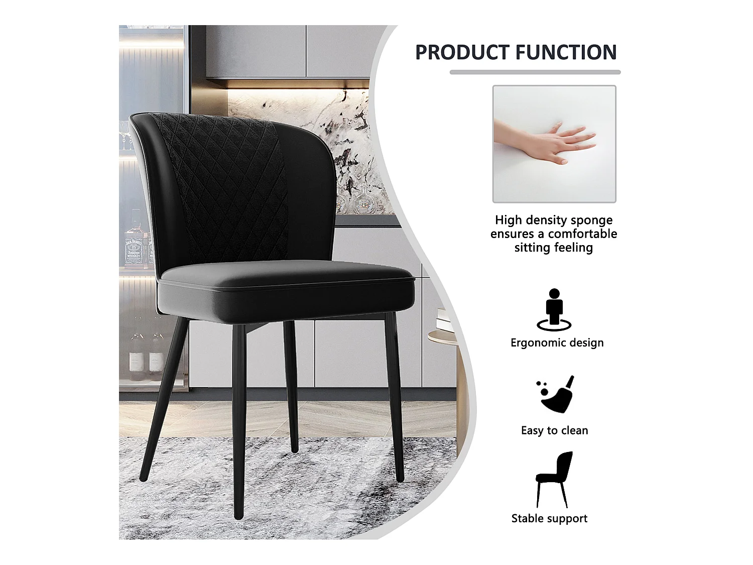 Juego de 2 sillas de comedor, color negro, asiento de terciopelo, patas de metal, respaldo ergonómico